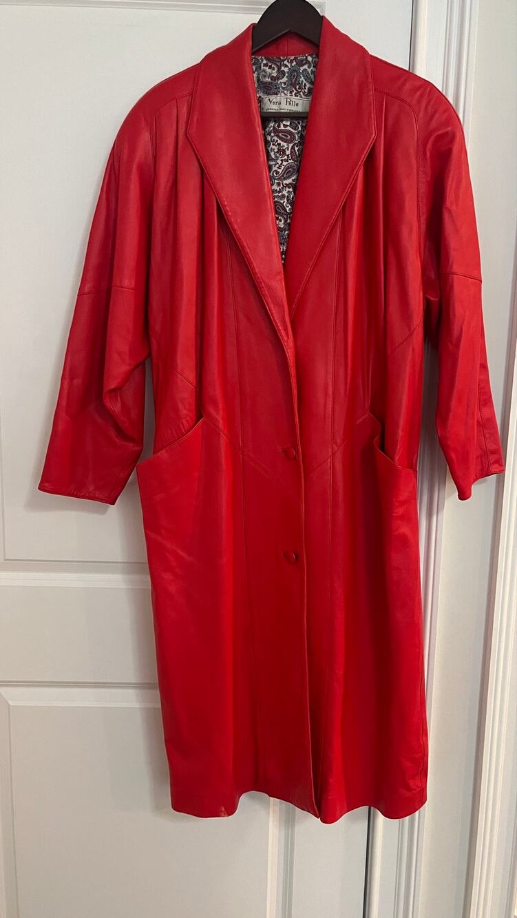 VTG Made In Italy Vera Pelle Red Leather Trench Coat Paisley Lining Sz 38 Small